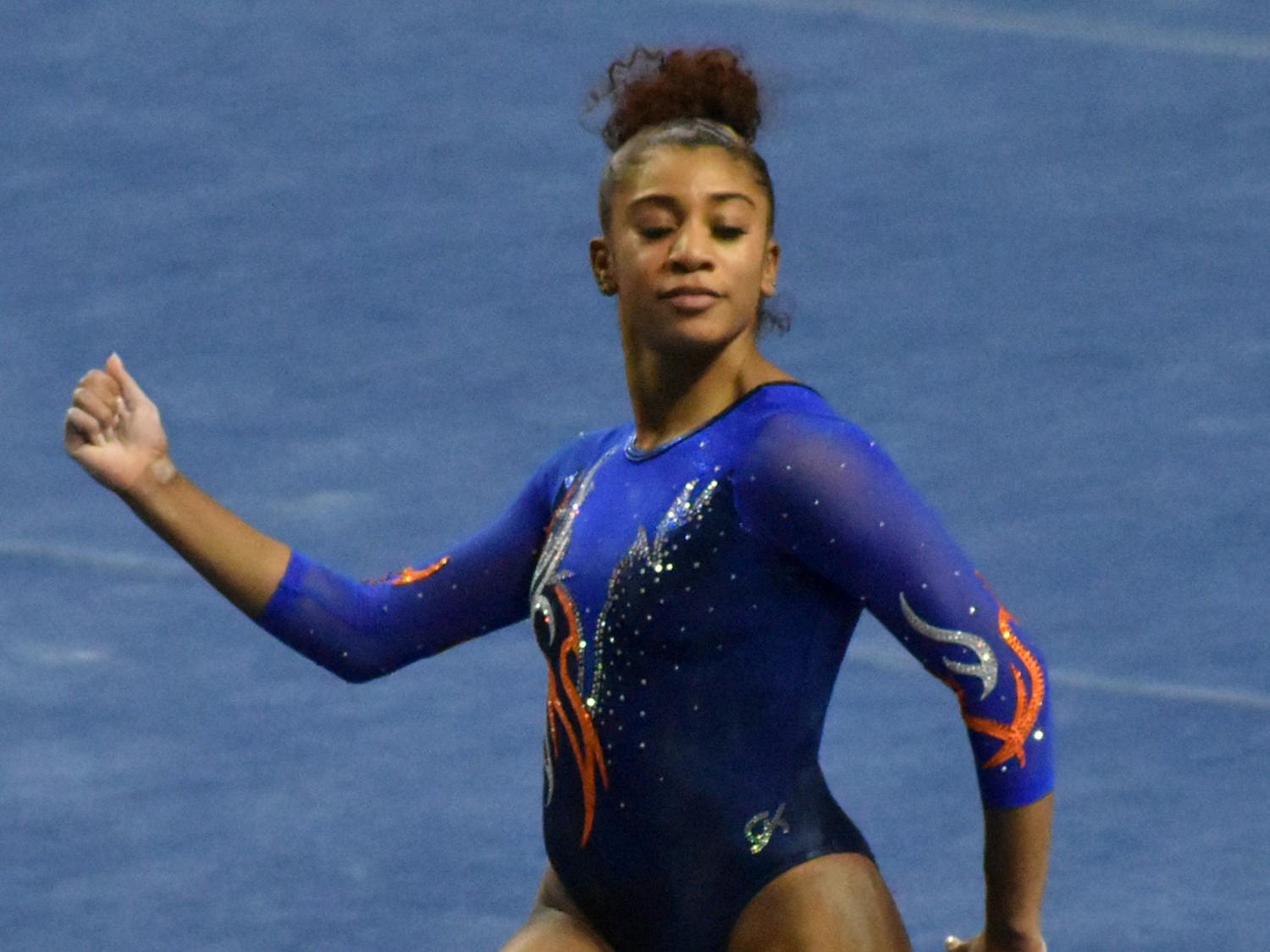 The team counts on Reed, the spark plug for this year’s Gators team, to keep the energy high. Photo from UF-Mizzou meet Jan. 29, 2021. Reed was nearly perfect on the vault Friday night, finishing with a 9.95. 