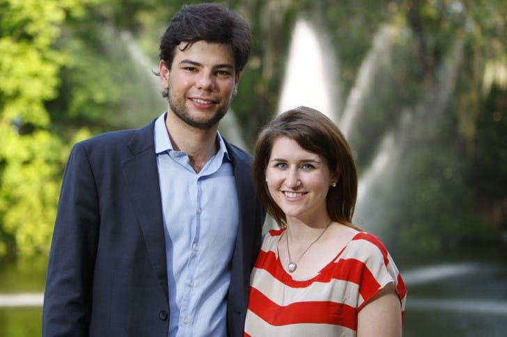 Eiso Kant, 21, of Madrid, Spain, and former Student Body President Ashton Charles pose for a photo in the Reitz Union Amphitheater during their visit to Gainesville to promote Tyba, an Internet company for which Charles works in Spain.