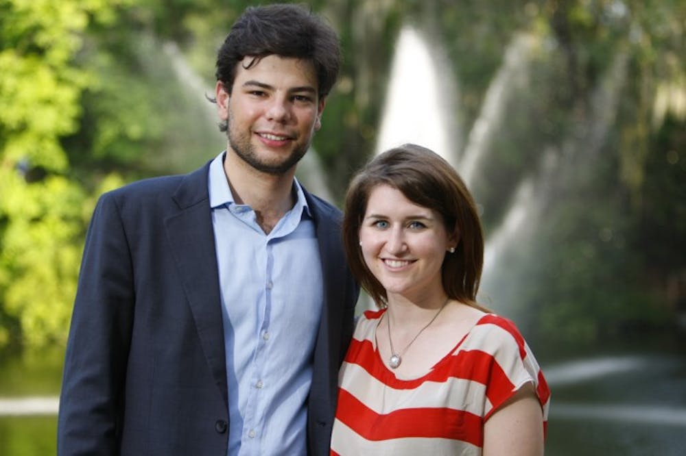 <p>Eiso Kant, 21, of Madrid, Spain, and former Student Body President Ashton Charles pose for a photo in the Reitz Union Amphitheater during their visit to Gainesville to promote Tyba, an Internet company for which Charles works in Spain.</p>