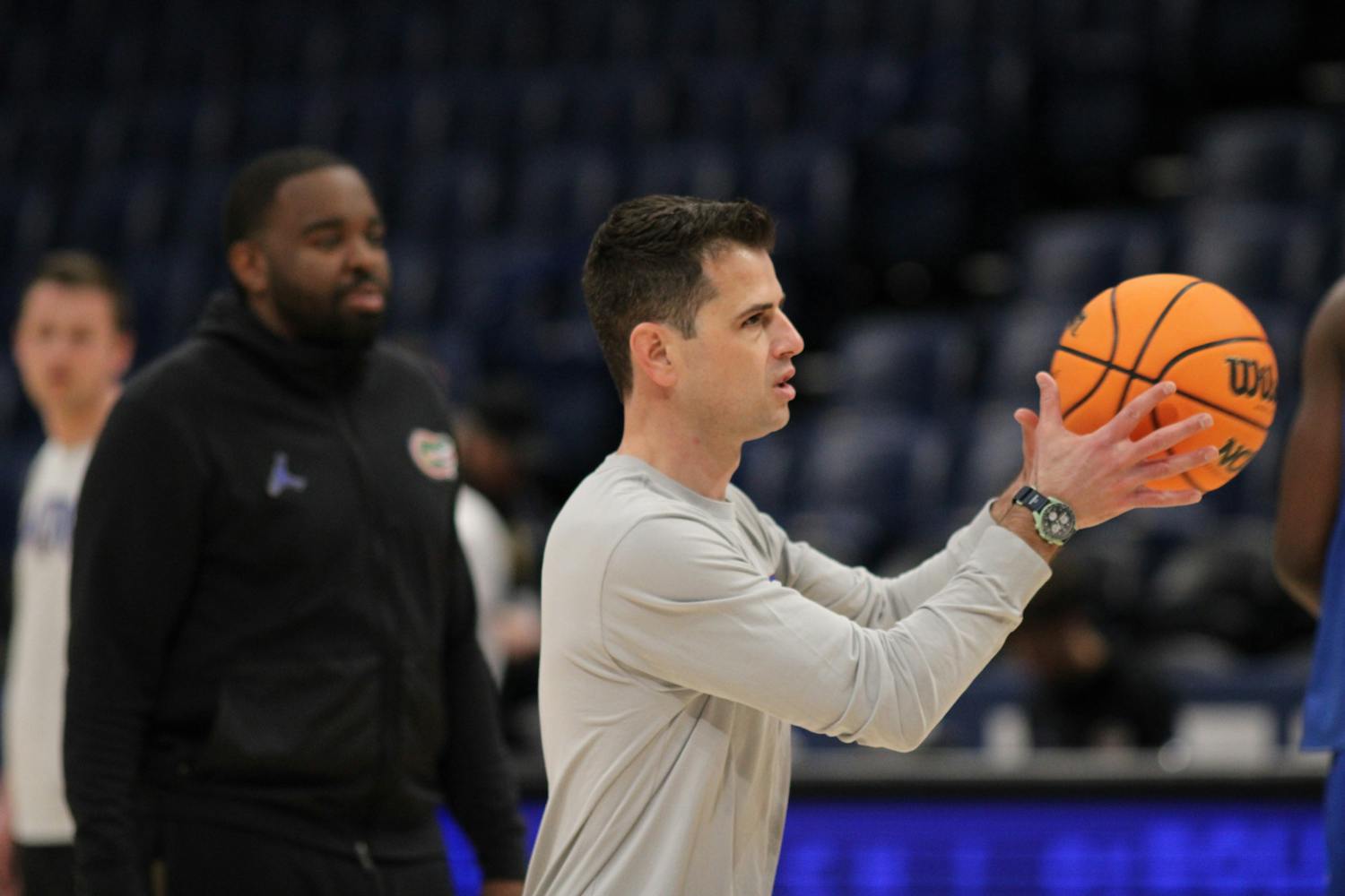 Florida head coach Todd Golden takes a shot during a practice the day before their Southeastern Conference tournament game Wednesday, March 8, 2023.