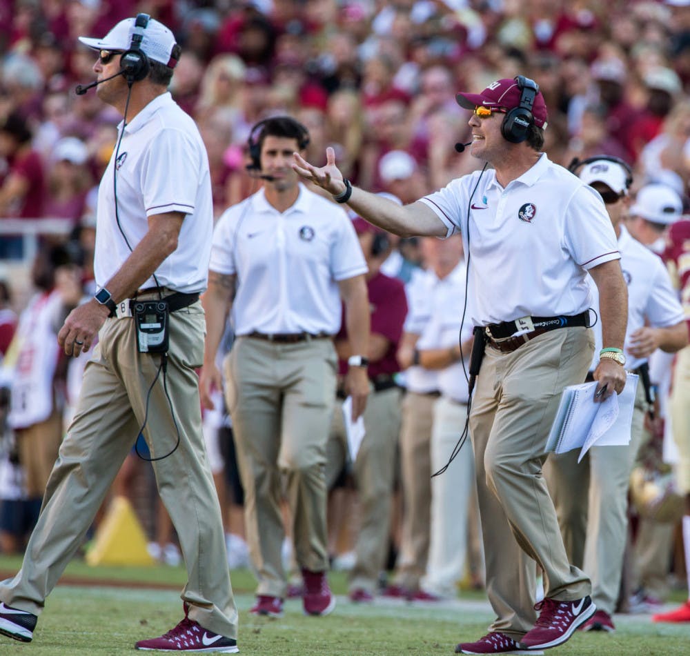 Florida State head coach Jimbo Fisher, right, reacts to a play in the second half of an NCAA college football game against North Carolina in Tallahassee, Fla., Saturday, Oct. 1, 2016. North Carolina defeated Florida State 37-35. (AP Photo/Mark Wallheiser)