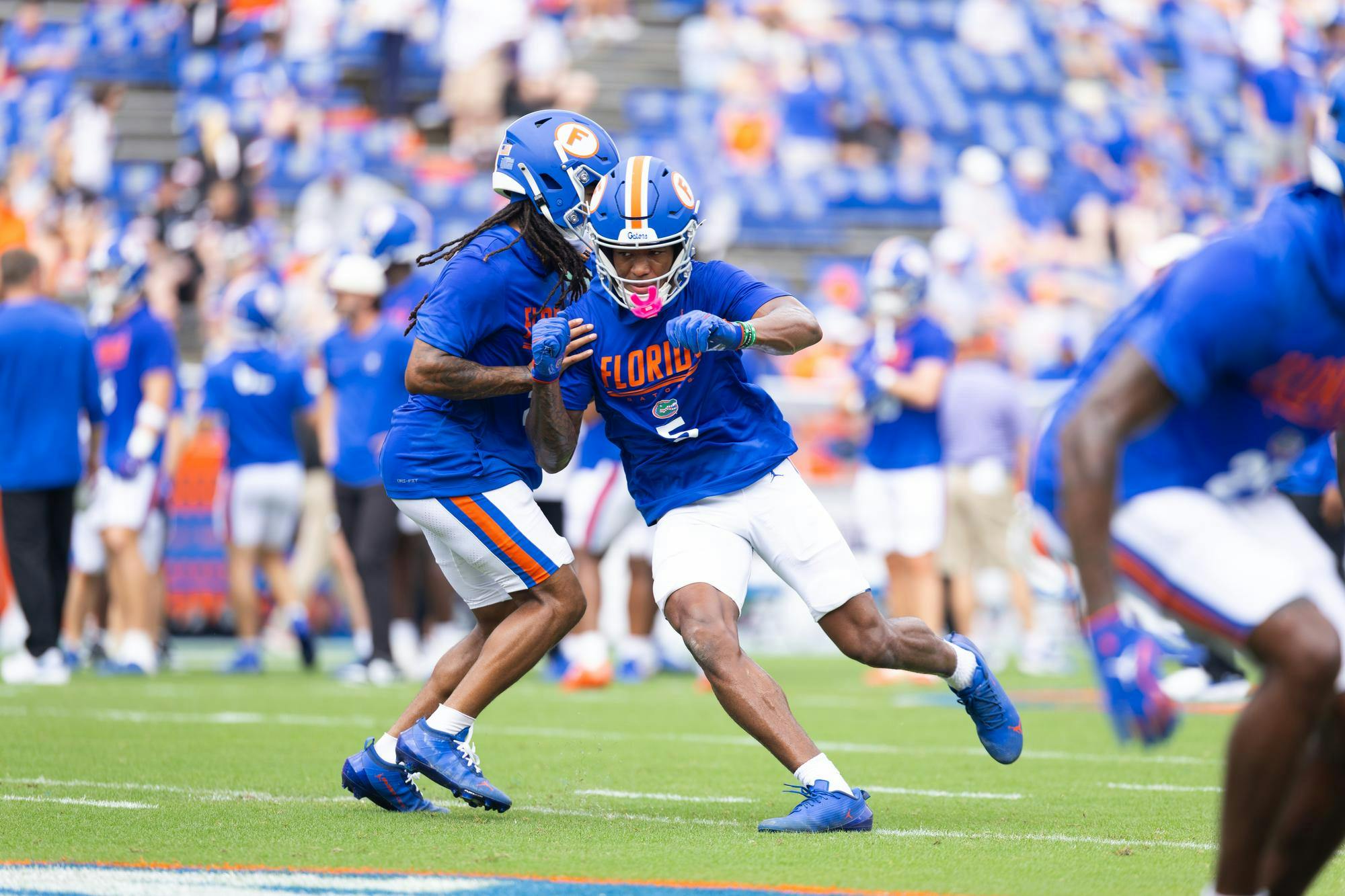 Florida wide receiver Micah Mays Jr. warms up for an NCAA game against the South Carolina, Saturday, Oct. 10, 2026, in Gainesville, Fla.