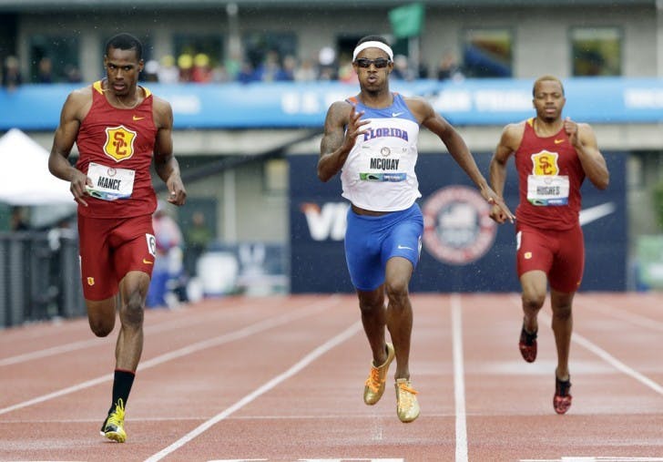 Former Gator sprinter Tony McQuay (center) races against Josh Mance (left) and Joey Hughes Jr., in the men’s 400m semifinal at the U.S. Olympic Track and Field Trials on June 23. McQuay placed second in the finals with a personal record.