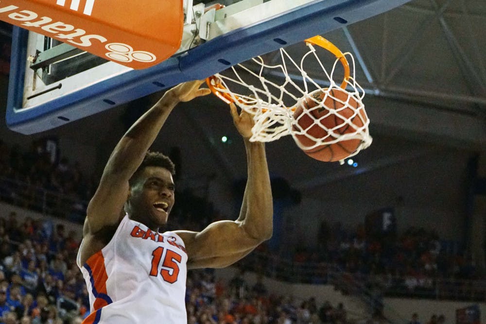 <p>UF center John Egbunu dunks during Florida’s 68-62 win over LSU on Jan. 9, 2016, in the O’Connell Center.</p>