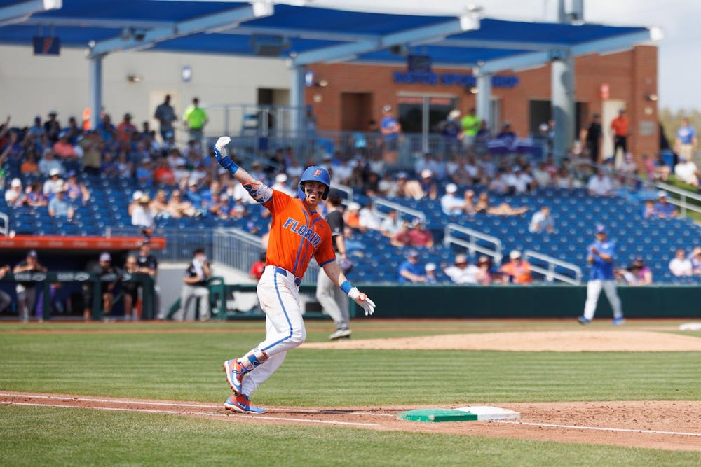 Florida infielder Justin Nadeau (1) celebrates hitting a home run during an NCAA baseball game against High Point University, Sunday, March 8, 2026, in Gainesville, Fla.