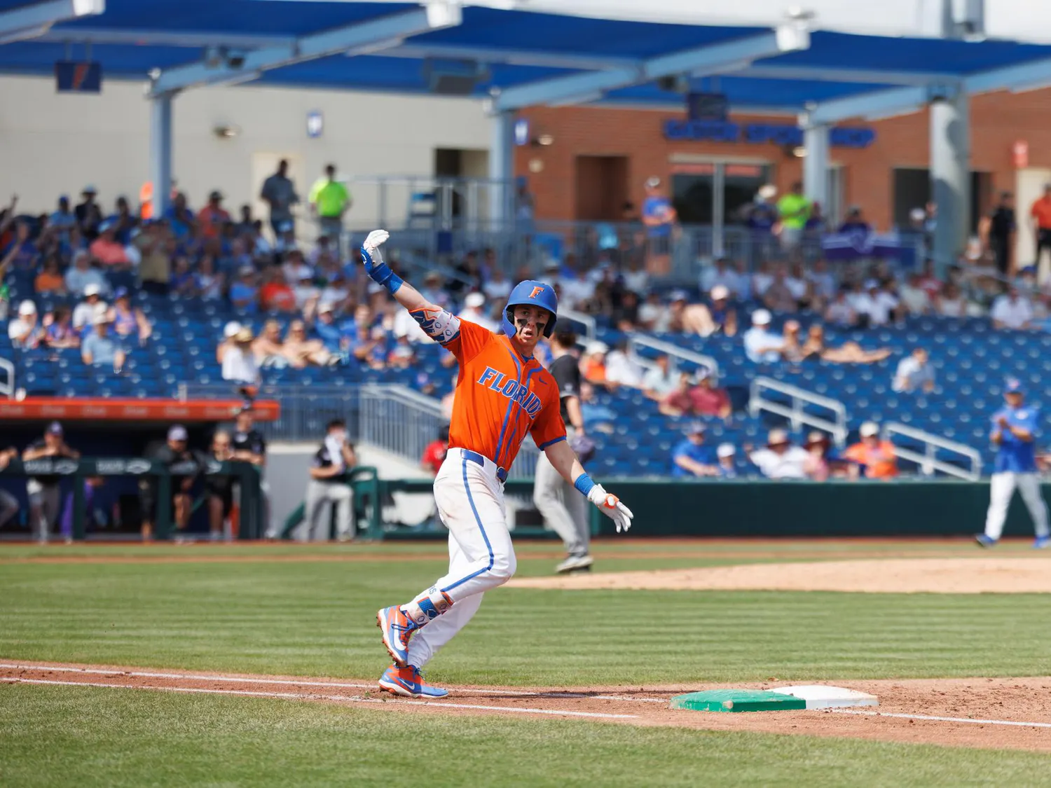 Florida infielder Justin Nadeau (1) celebrates hitting a home run during an NCAA baseball game against High Point University, Sunday, March 8, 2026, in Gainesville, Fla.