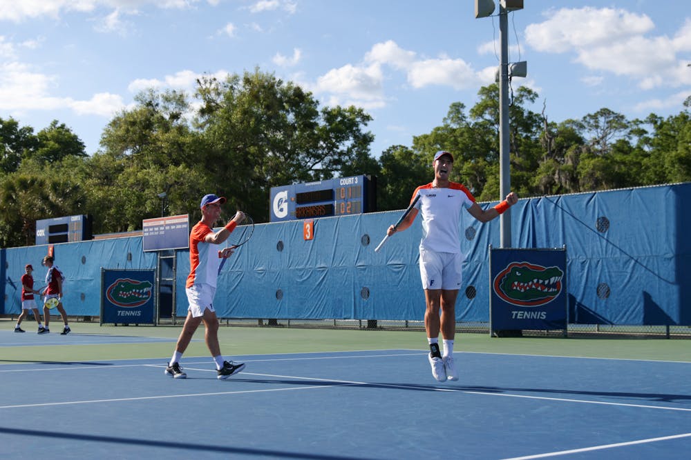 Florida junior Will Grant and graduate student Axel Nefve compete in their doubles match during the Gators' 6-1 win against the Arkansas Razorbacks Friday, March 24, 2023.