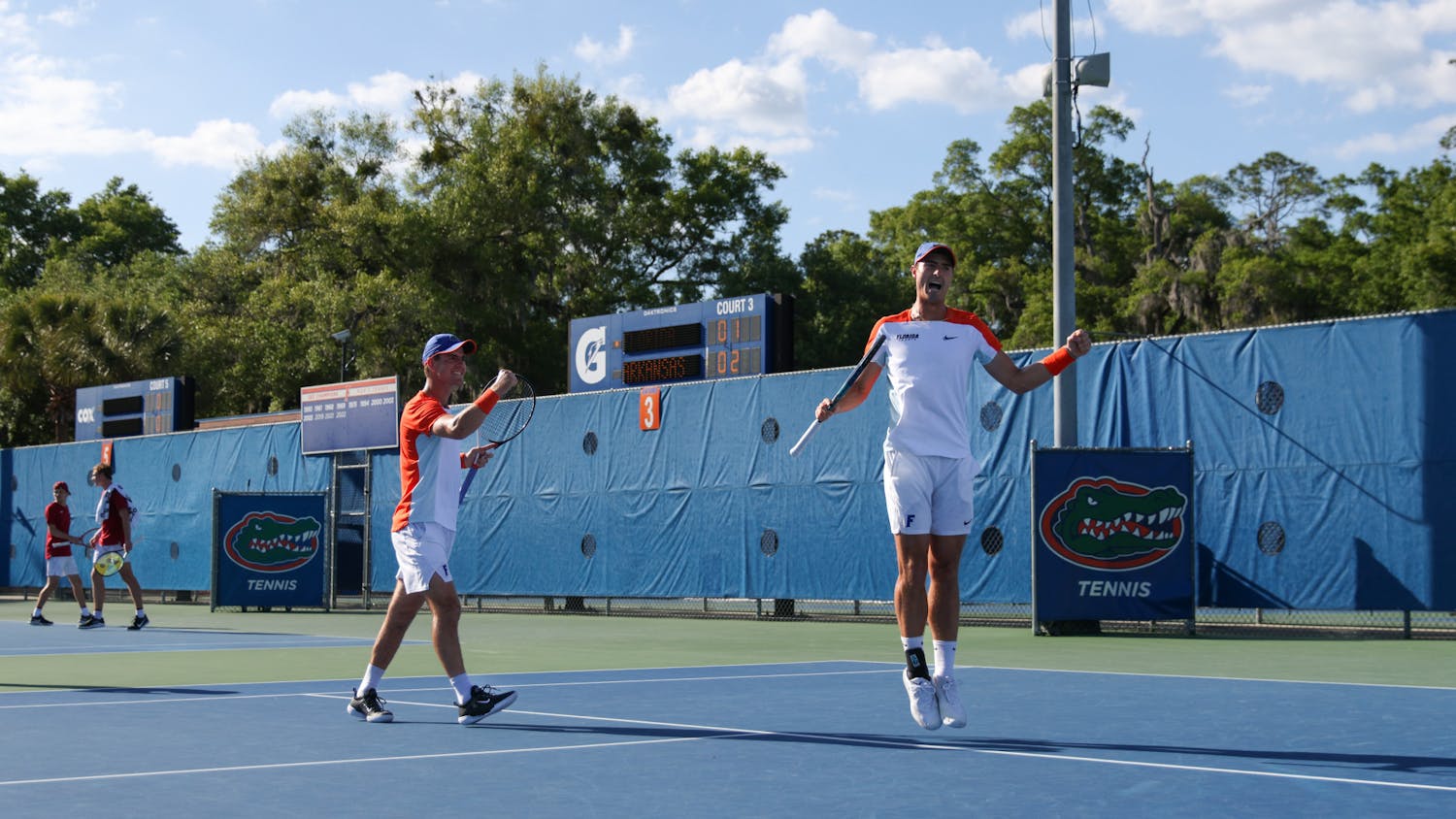 Florida junior Will Grant and graduate student Axel Nefve compete in their doubles match during the Gators' 6-1 win against the Arkansas Razorbacks Friday, March 24, 2023.
