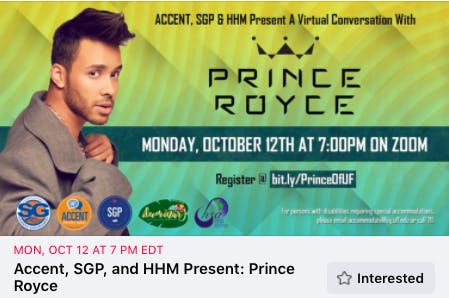 Prince Royce is scheduled speak at a virtual event hosted by UF Hispanic Heritage Month, Accent Speakers Bureau and Student Government Productions.&nbsp;
&nbsp;