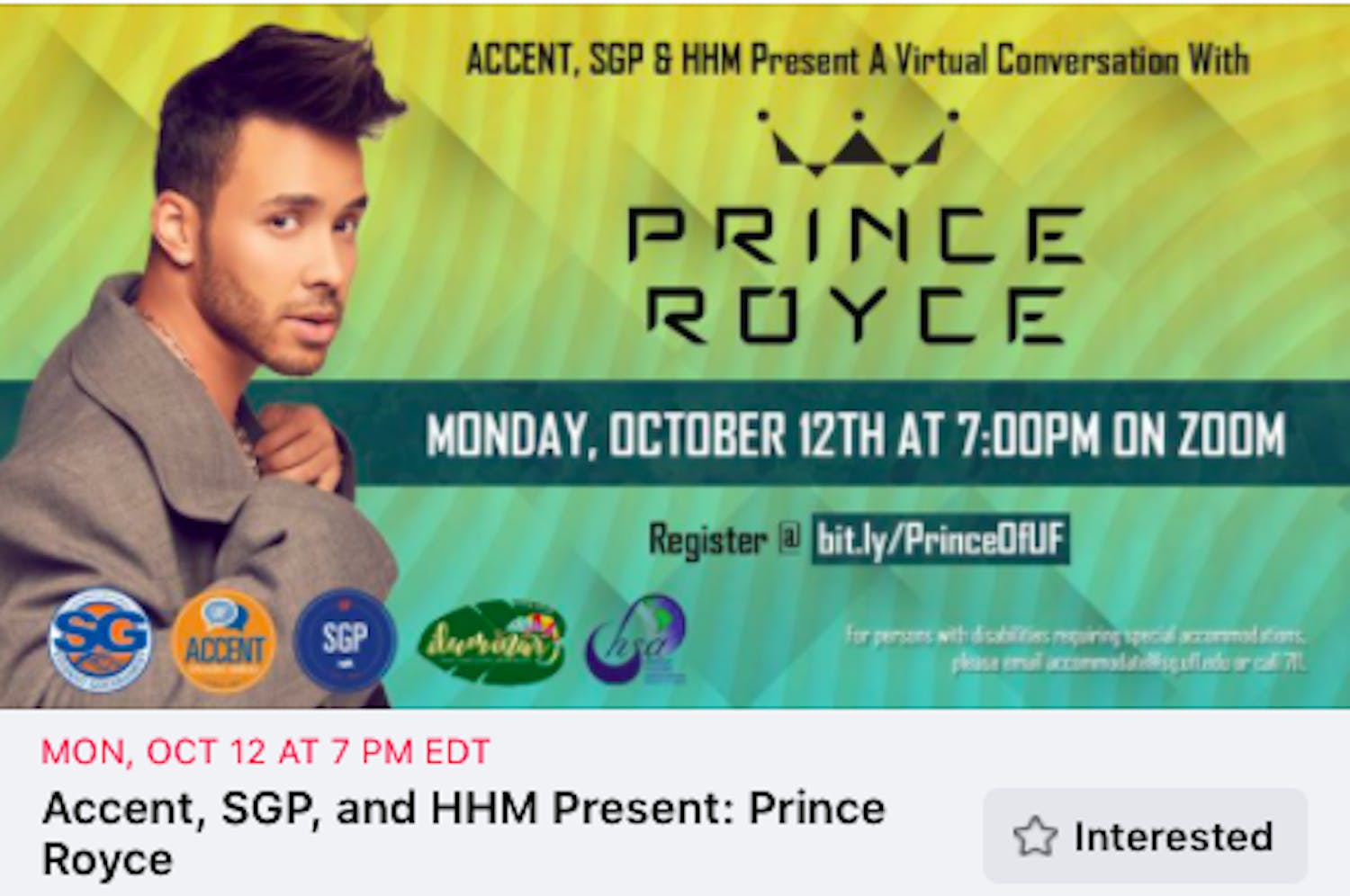 Prince Royce is scheduled speak at a virtual event hosted by UF Hispanic Heritage Month, Accent Speakers Bureau and Student Government Productions.&nbsp;
&nbsp;