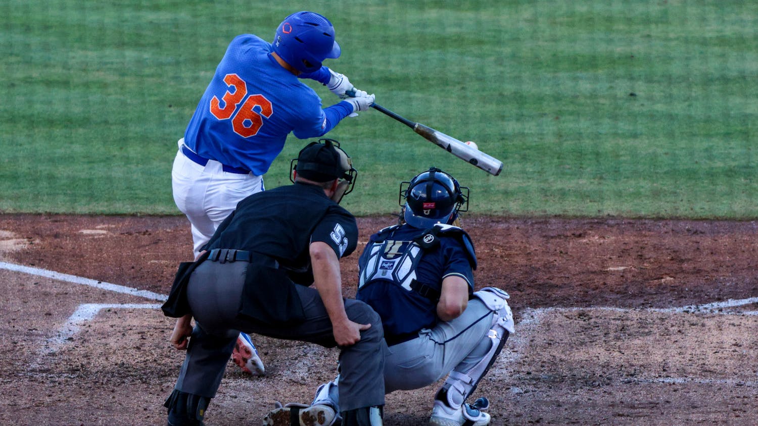 Florida left fielder Wyatt Langford hits the ball in the Gators' 16-2 win against the Charleston Southern Buccaneers Saturday, Feb. 18