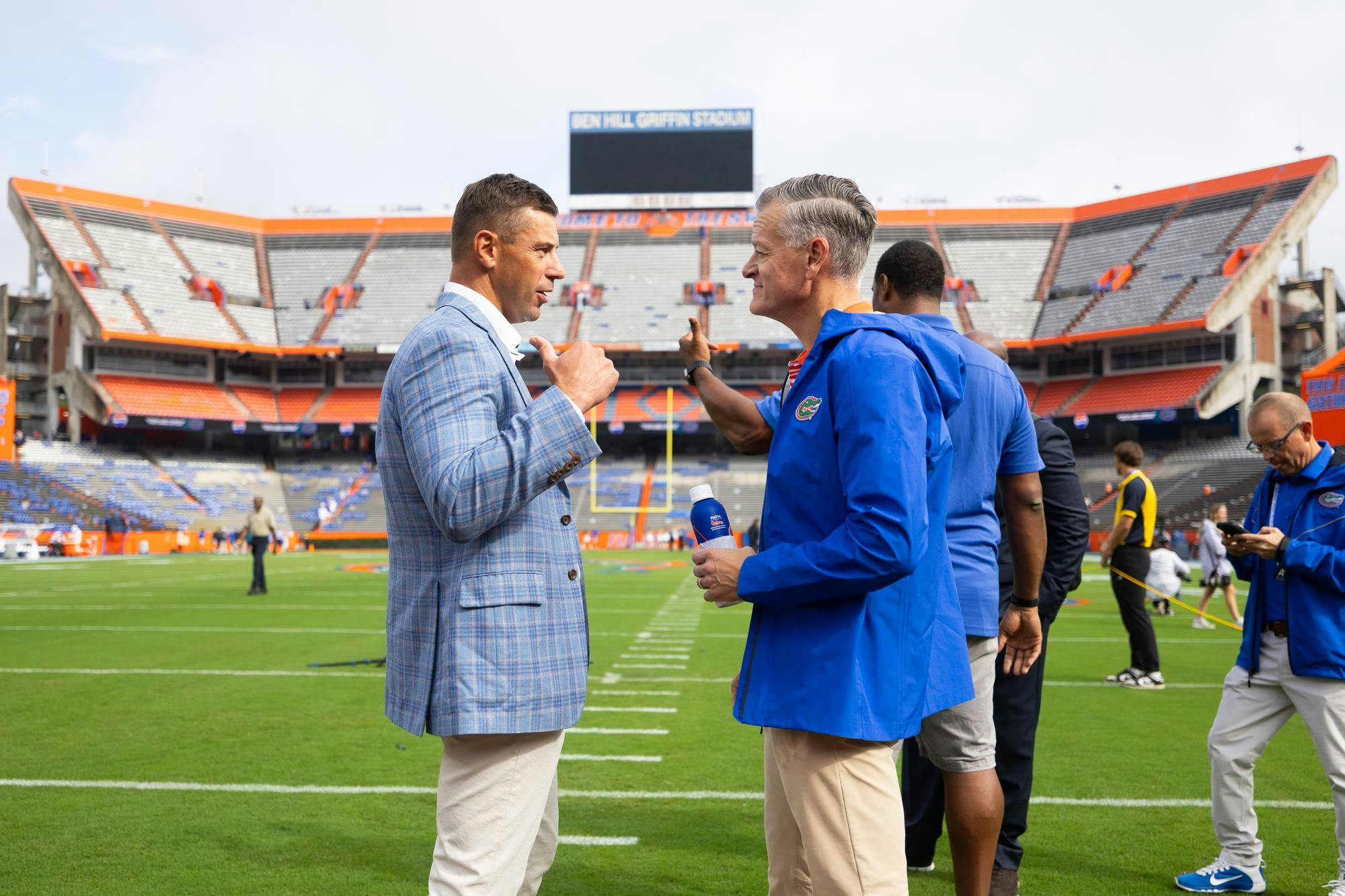 Florida Head Coach Jon Sumrall speaks to Florida Athletic Director Scott Stricklin at Ben Hill Griffin Stadium prior to kick off of UF’s matchup against South Carolina, Saturday, Oct. 10, 2026, in Gainesville, Fla.