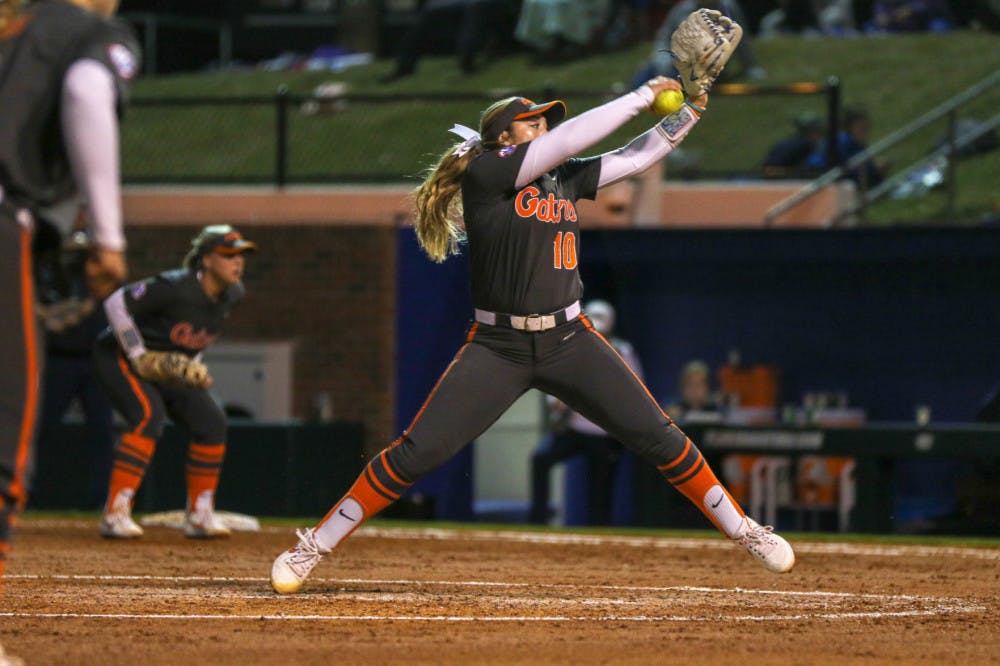 <p>Natalie Lugo pitched her first complete-game shutout of the season in the Gators 5-0 win over Jacksonville Wednesday.</p>