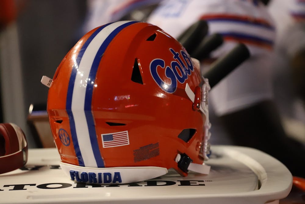 <p>A Florida football helmet, pictured during a game against Florida Atlantic on Sept. 4, 2021.</p>
