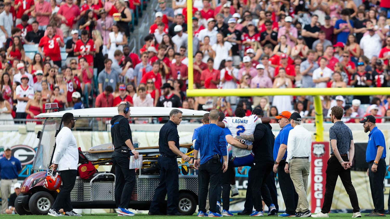 Florida Gators quarterback DJ Lagway (2) gets lifted to a cart after suffering an injury during the first half at TIAA Bank Field on Saturday, November 02, 2024.