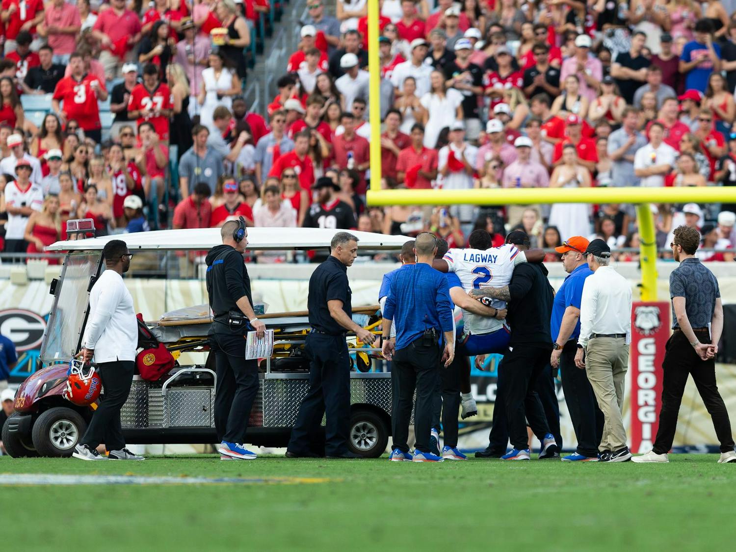 Florida Gators quarterback DJ Lagway (2) gets lifted to a cart after suffering an injury during the first half at TIAA Bank Field on Saturday, November 02, 2024.