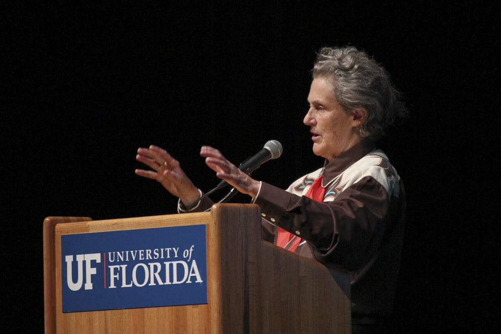 <p>Farm animal behaviorist and autism advocate Temple Grandin shares her insight on success at the Phillips Center for the Performing Arts on Sept. 24, 2015. She also discussed children’s need to become more active mentally. “Give the kid the chance to respond - wait and let them respond,” Grandin said.</p>