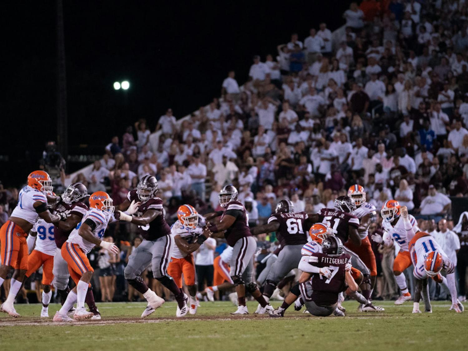 Safety Donovan Stiner (13) sacked MSU quarterback Nick Fitzgerald on the Bulldogs' last play of the game Saturday. The Gators defense finished with six sacks.