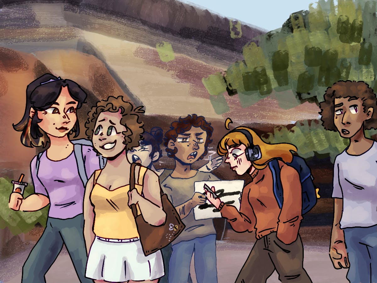 Students pass a protester without acknowledgment, proceeding normally with their day.