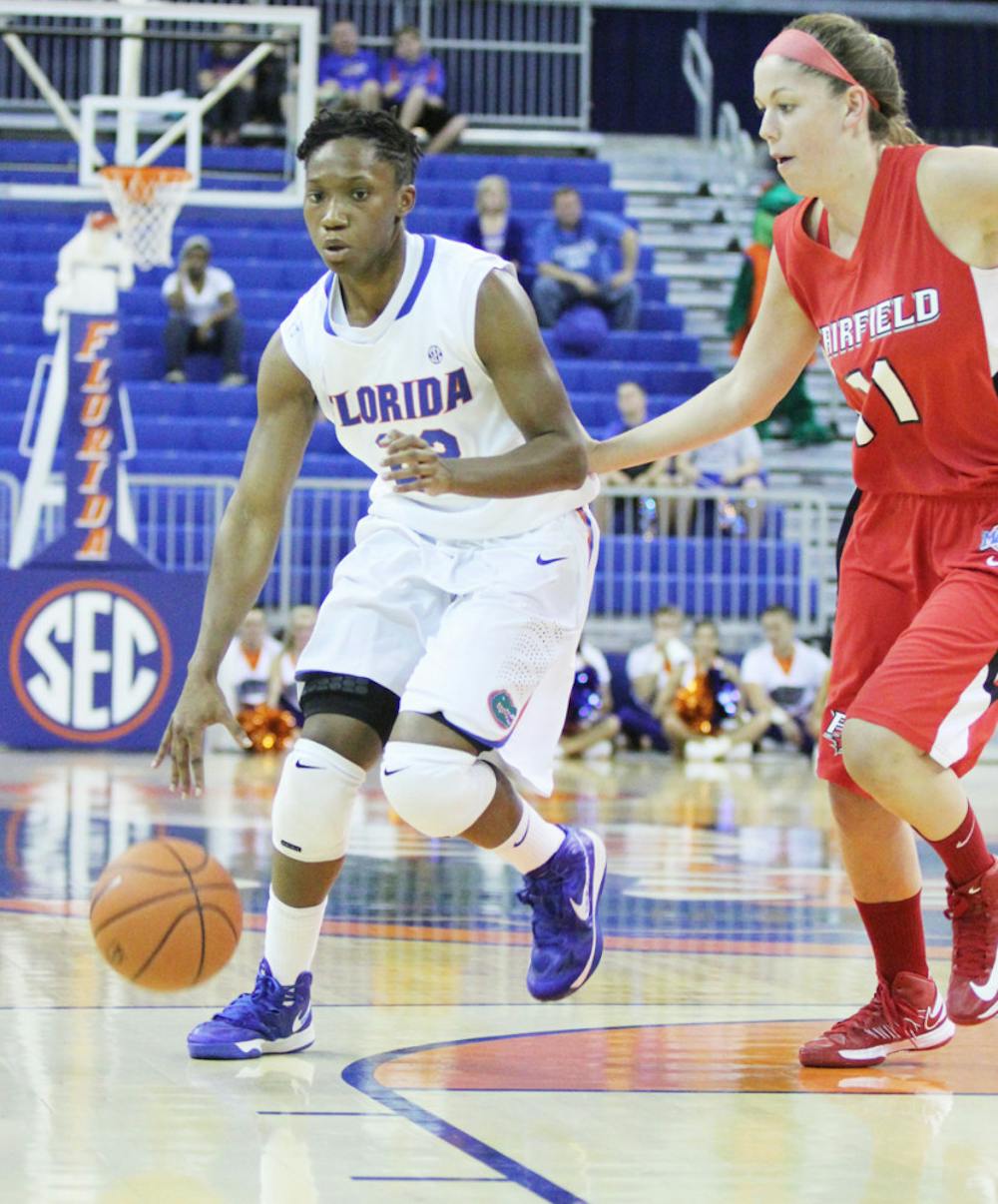 <p>Guard Kayla Lewis (left) drives to the basket against Fairfield’s Brittany MacFarlane in Florida’s 71-49 win on Nov. 9 in the O’Connell Center.</p>
<div><span><br /></span></div>