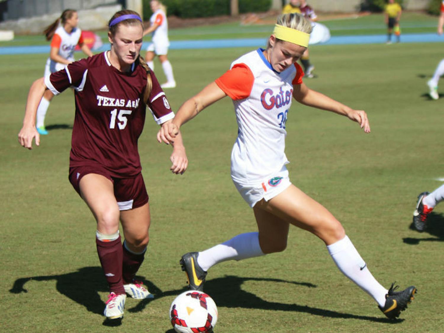 Christen Westphal battles for the ball during Florida’s 2-0 victory against Texas A&amp;M on Sunday afternoon at James G. Pressly Stadium.