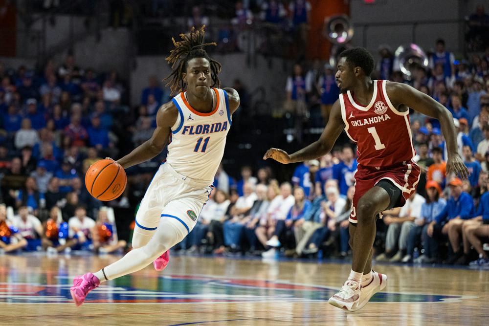 <p>Florida guard Denzel Aberdeen (11) drives to the basket during an NCAA men's college basketball game against Oklahoma, Tuesday, Feb. 18, 2025, in Gainesville, Fla.</p>