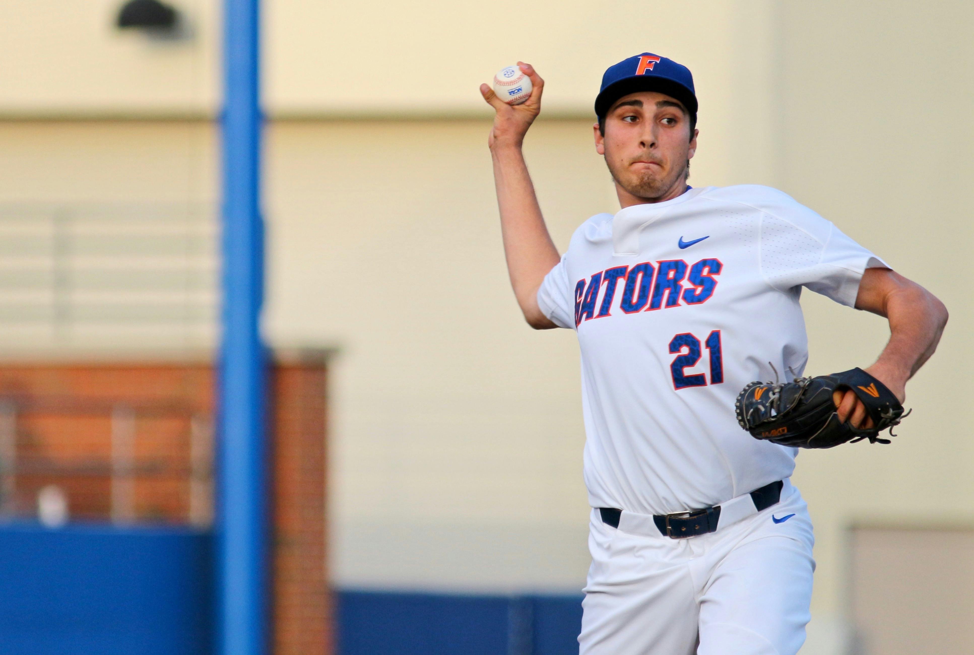 Alex Faedo pitches during Florida's 1-0 win against LSU on March 24, 2017, at McKethan Stadium.