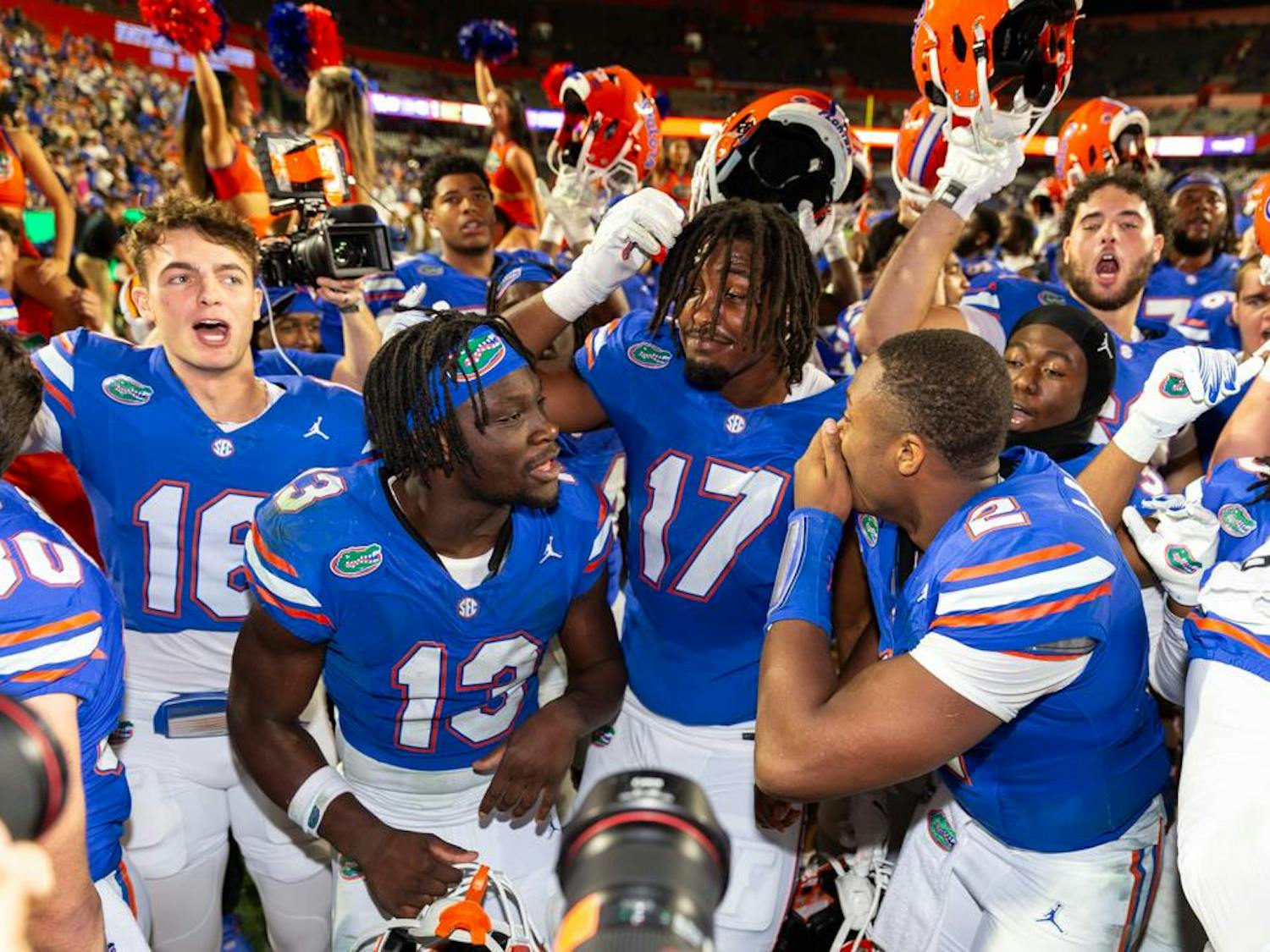 Florida Gators quarterback DJ Lagway (2) and Florida Gators running back Jadan Baugh (13) celebrate after the teams 48-20 win at Steve Spurrier-Florida Field at Ben Hill Griffin Stadium on Saturday, October 19, 2024