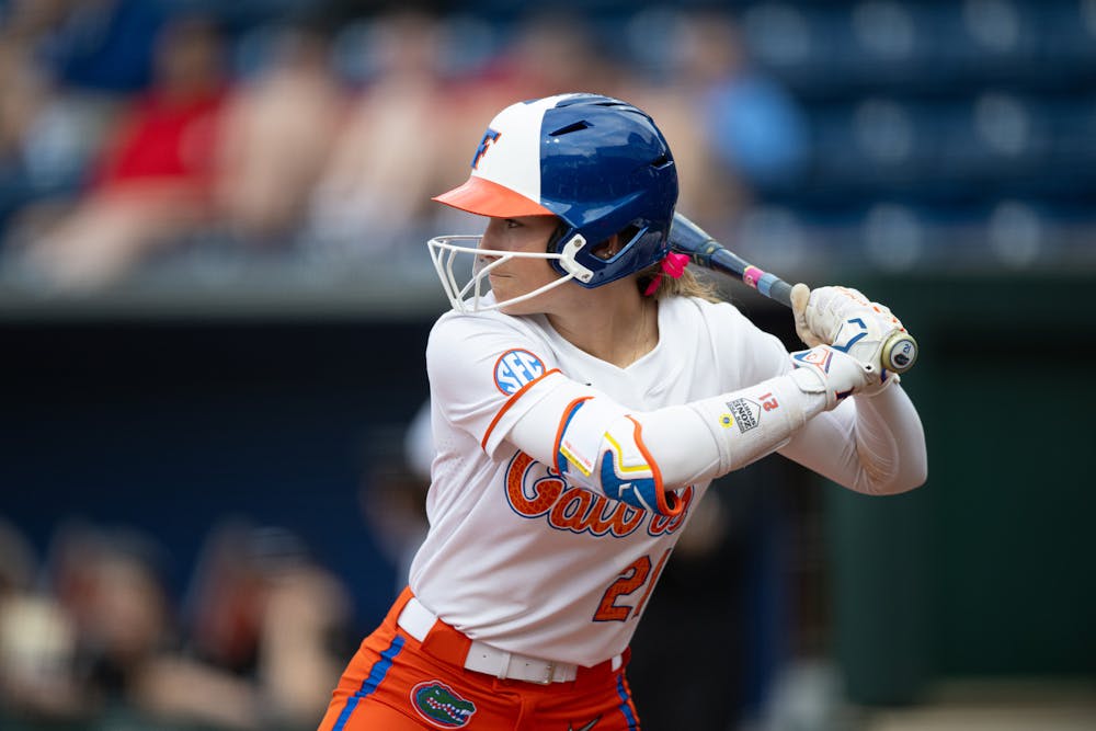 Florida Gators outfielder Taylor Shumaker (21) stands in the box during her at bat in a softball game against Providence in Gainesville, Fla., on Friday, Feb. 14, 2025.