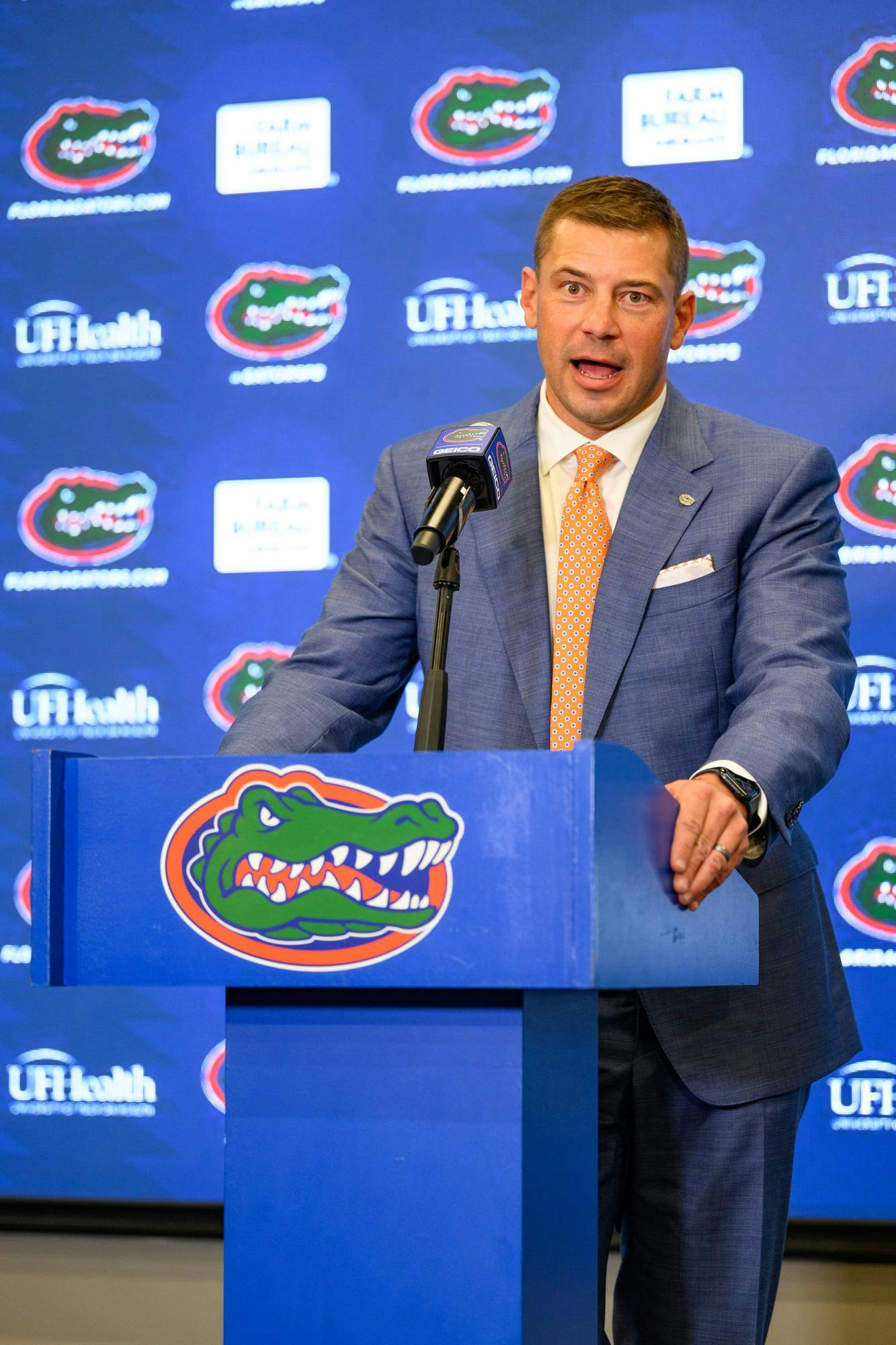 Florida head coach Jon Sumrall speaks during his introductory press conference at Heavener Football Training Center in Gainesville, Fla., Monday, Dec. 1, 2025.