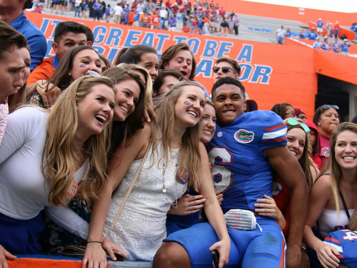 Quincy Wilson celebrates with fans after Florida's 20-7 win over South Carolina on November 12, 2016, at Ben Hill Griffin Stadium.