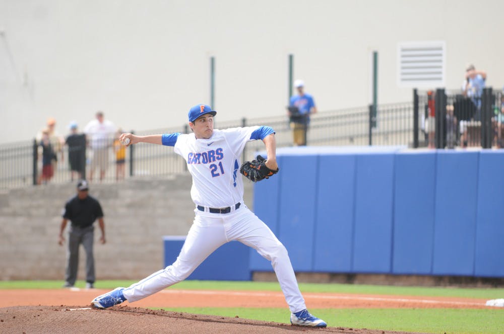 <p>Alex Faedo pitches during Florida's 7-5 win over Missouri on March 20, 2016, at McKethan Stadium. </p>