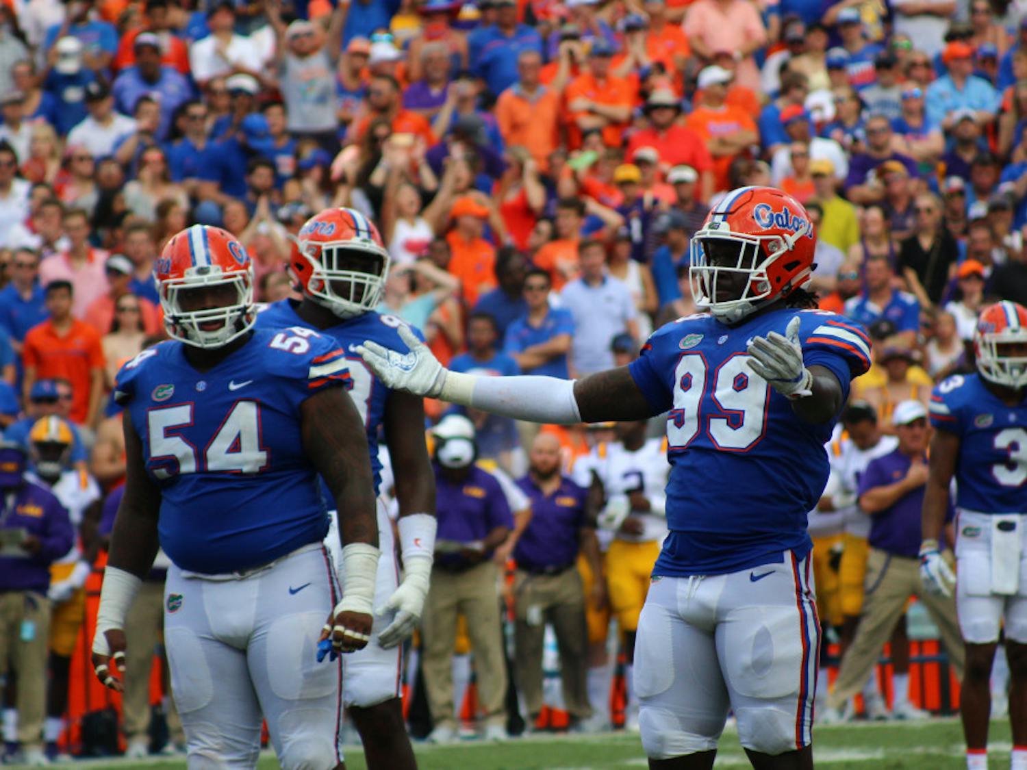 UF defensive end Jachai Polite celebrates during Florida's 17-16 loss to LSU on Saturday at Ben Hill Griffin Stadium.