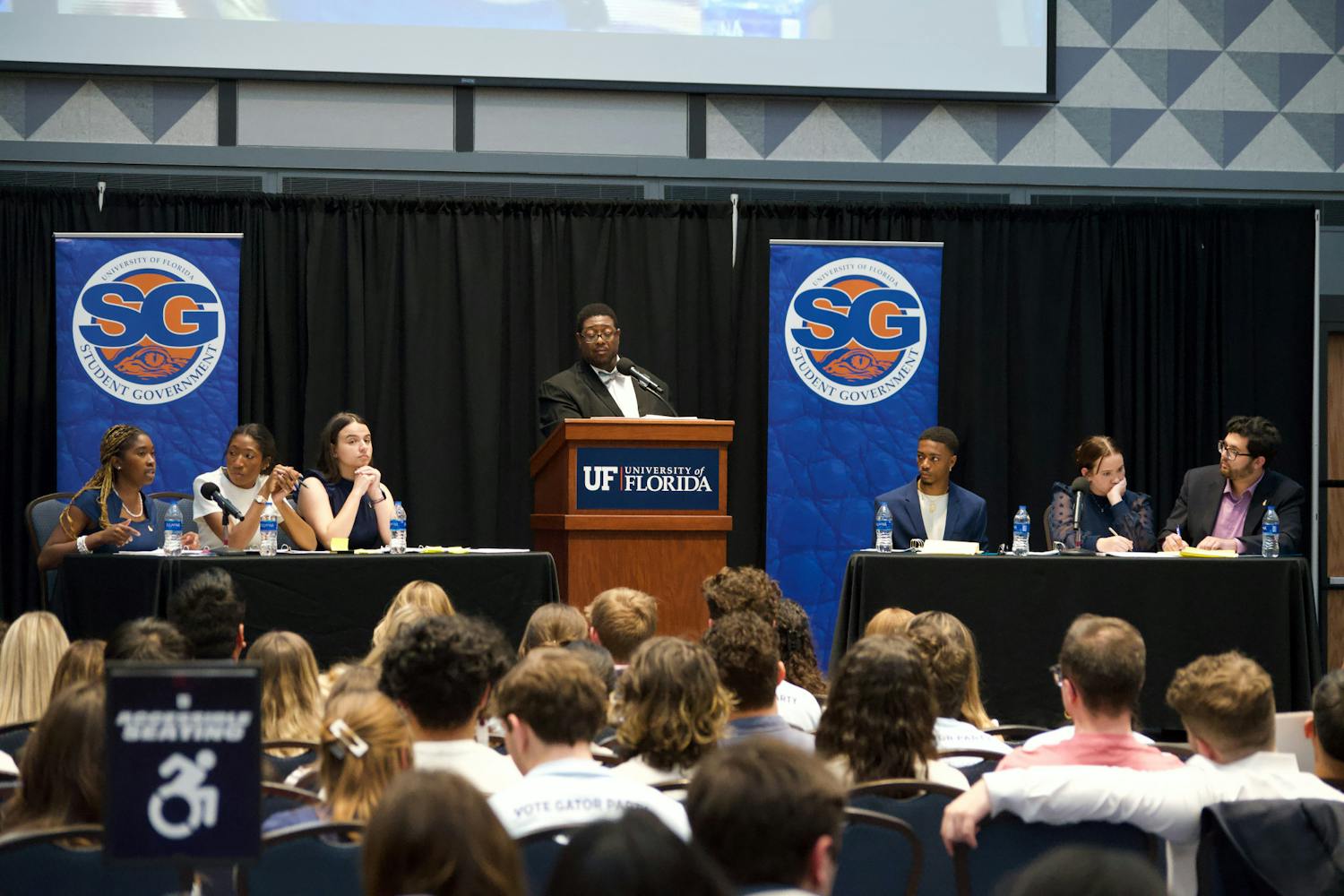 The Change Party and the Gator Party’s candidates for student body president, vice president and treasurer engage in a debate moderated by Marna Weston in the Reitz Union Grand Ballroom Tuesday, Feb. 21, 2023.