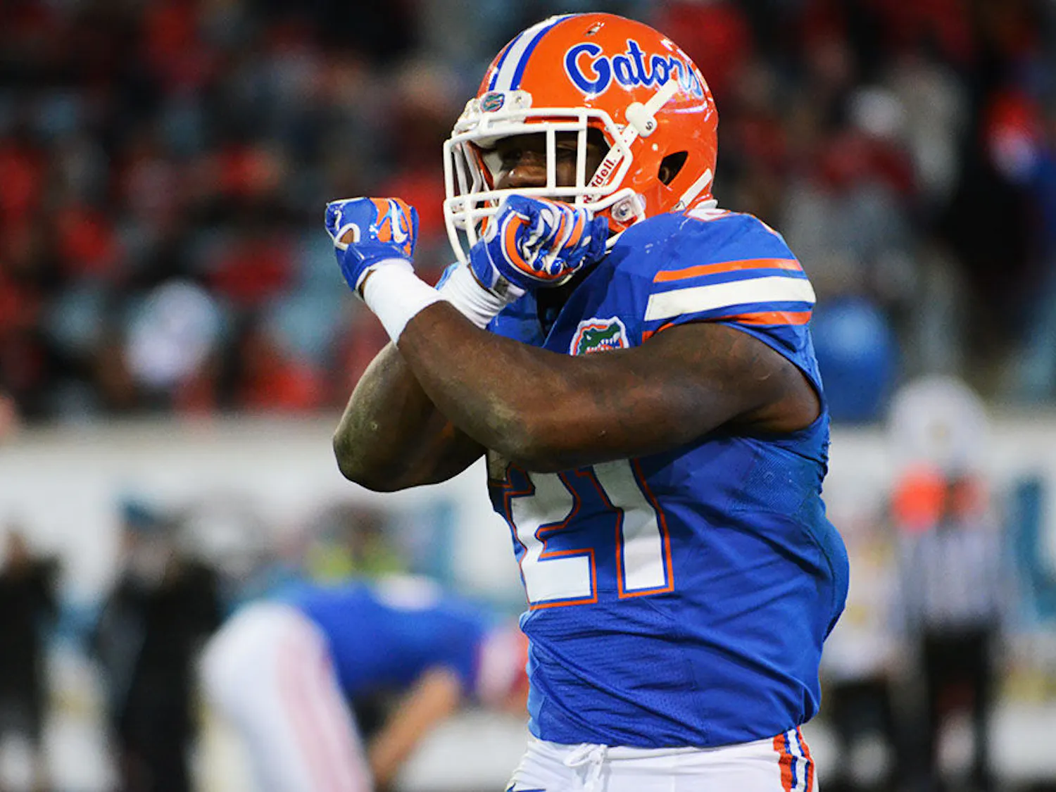 Kelvin Taylor celebrates during Florida's 38-20 win against Georgia at EverBank Field in Jacksonville.