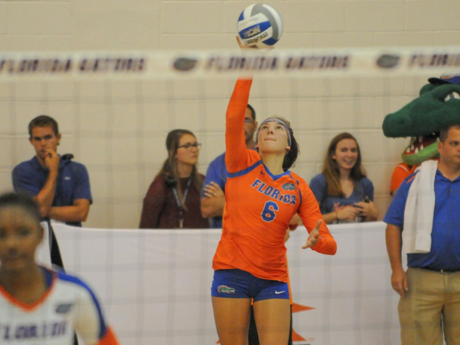 Caroline Knop serves during Florida's 3-0 win over Jacksonville at the Lemerand Athletic Center on Sept. 16, 2016.