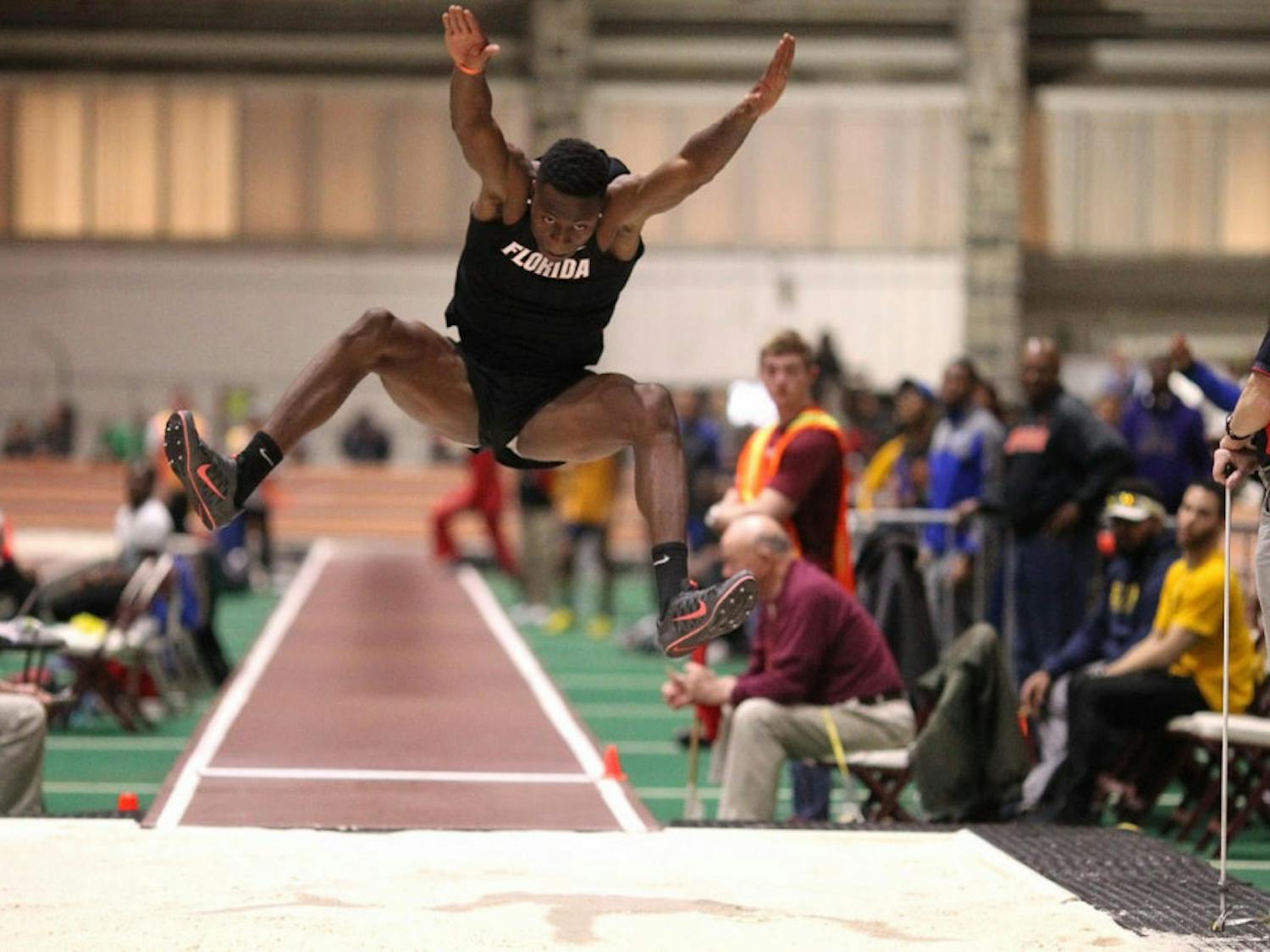 UF freshman Grant Holloway jumps at the Hokie Invitational men's long jump final on Jan. 21, 2017.