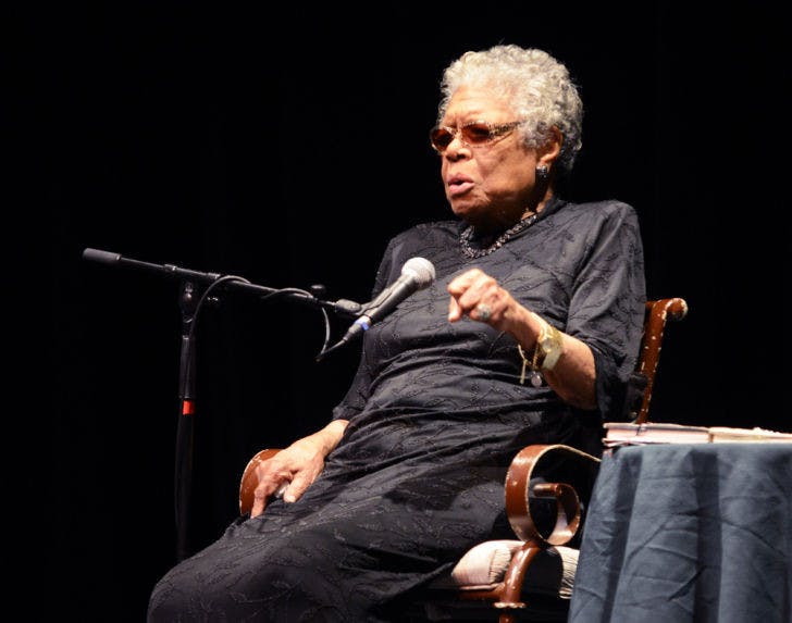 Author and poet Maya Angelou speaks to a crowd at the Phillips Center for the Performing Arts on Wednesday night.