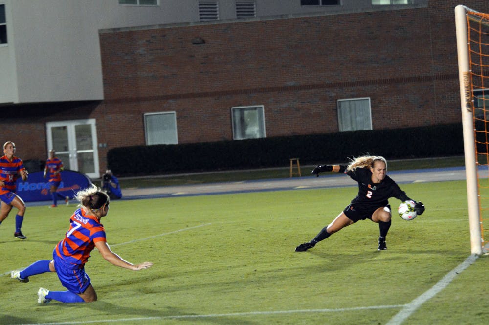 Miami goalkeeper Emily Lillard blocks a shot by Florida forward Savannah Jordan during the Gators' 3-0 win against the Hurricanes on Friday at James G. Pressly Stadium.
