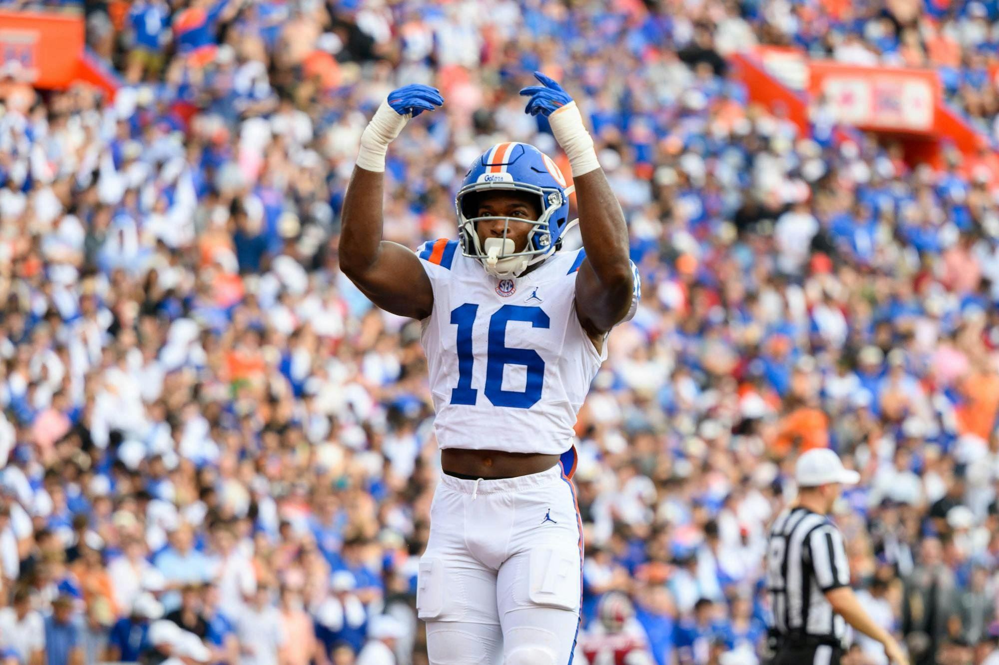 Florida inside linebacker TJ Bullard (16) celebrates during the first half of an NCAA college football game against South Carolina, Saturday, Oct. 10, 2026, in Gainesville, Fla.