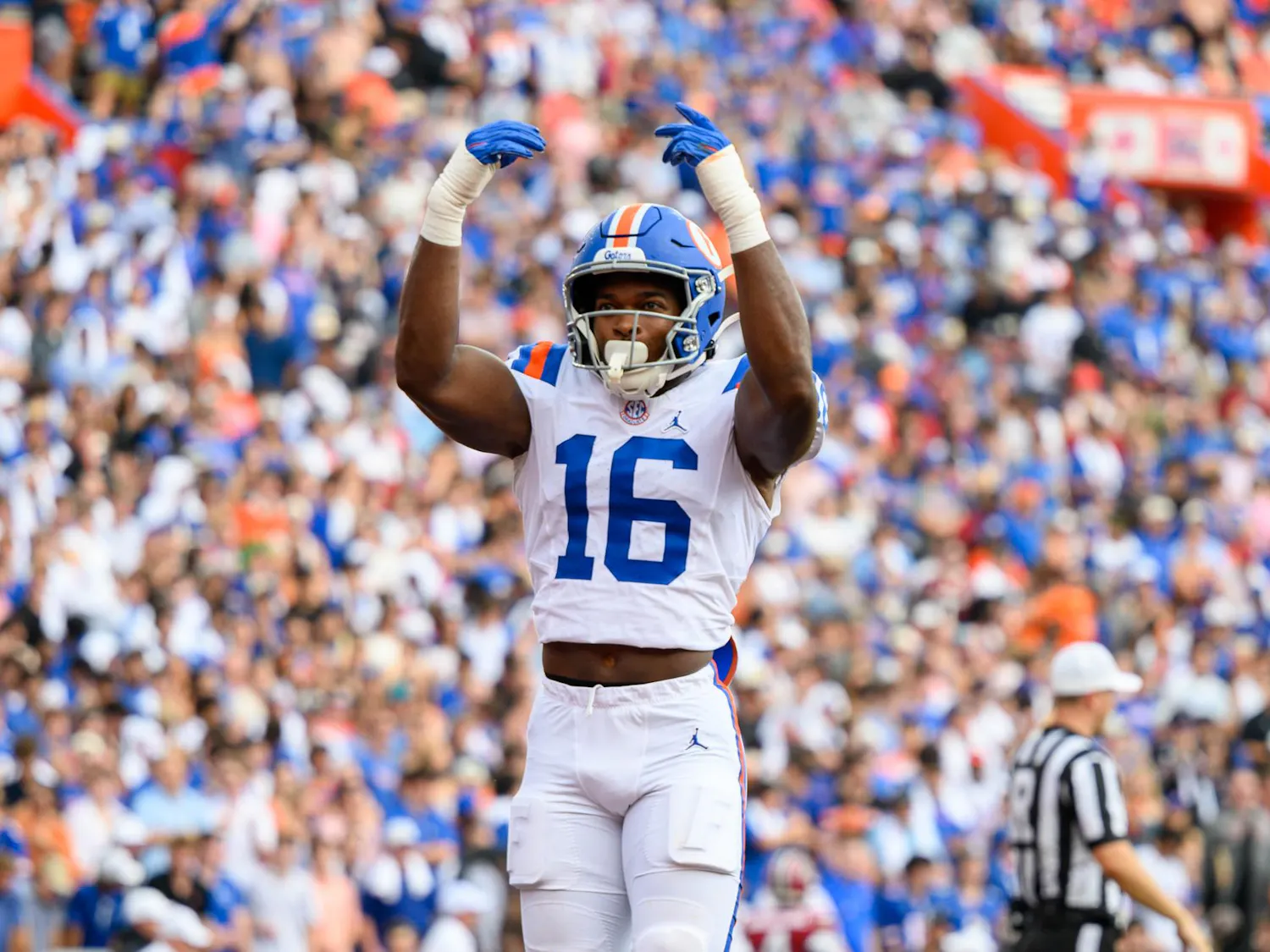 Florida inside linebacker TJ Bullard (16) celebrates during the first half of an NCAA college football game against South Carolina, Saturday, Oct. 10, 2026, in Gainesville, Fla.
