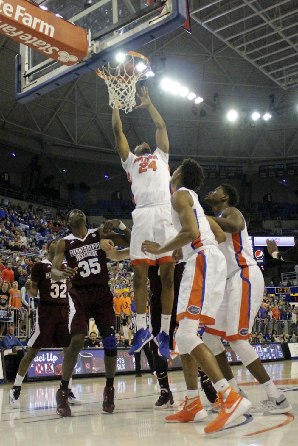 <p>UF forward Justin Leon goes up for a dunk during Florida's 81-78 win over Mississippi State on Jan. 19, 2016 in the O'Connell Center. </p>