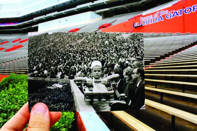 Pam Marlin, a graduate program assistant for the physics department, created the project "UF Then and Now." She was inspired by an online project that showed World War II photos over their present-day locations.