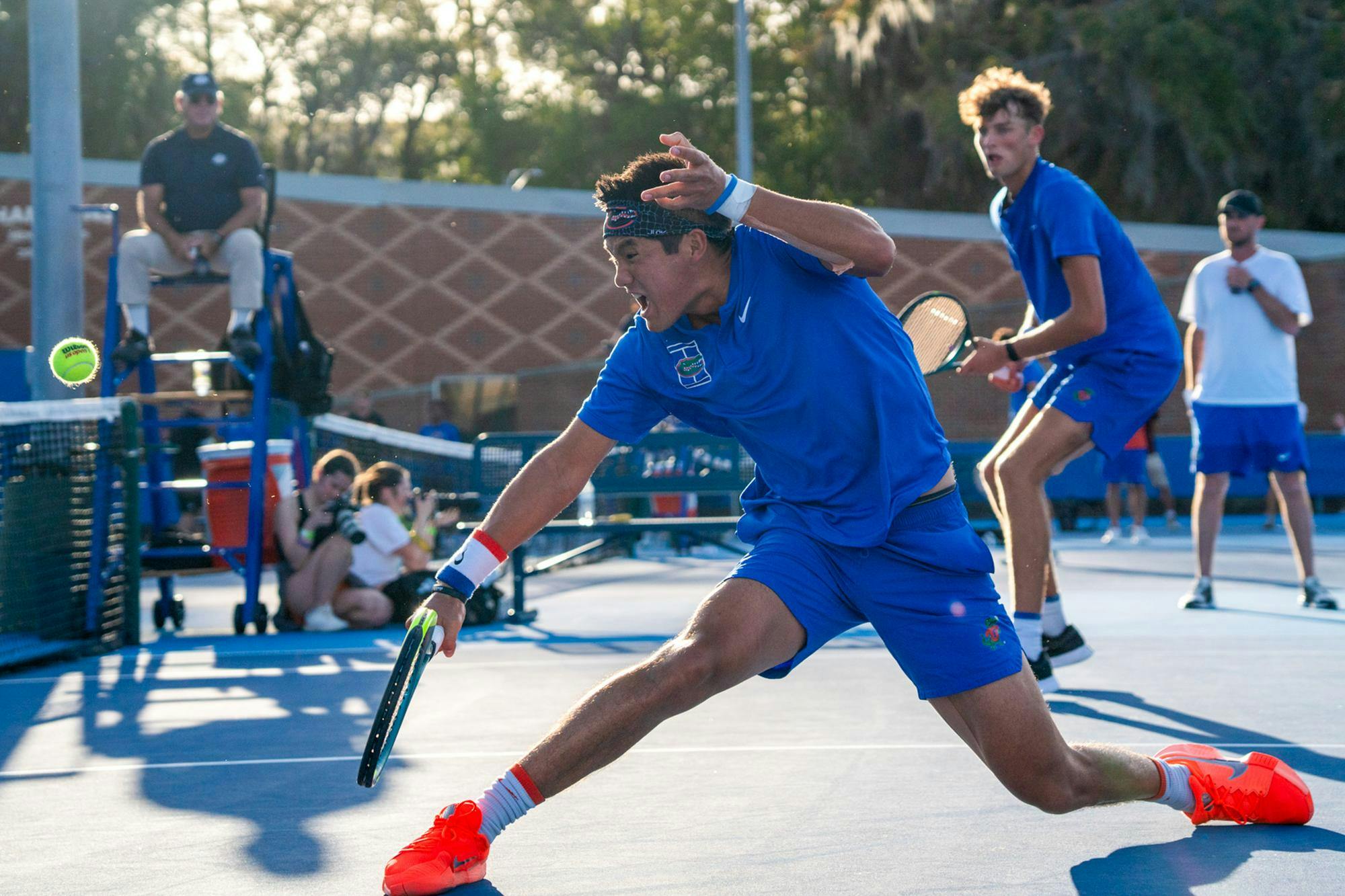 Florida’s Tanapatt Nirundorn returns the ball in a NCAA men's doubles tennis match against Texas A&M, Friday, March 6, 2026, in Gainesville, Fla.