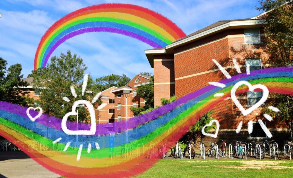 A picture of Springs Complex with a rainbow overlaid