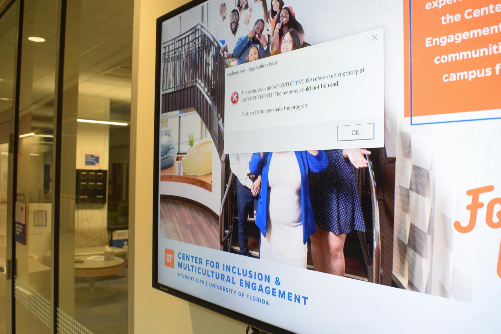 An error message appears on a monitor at the Center for Inclusion &amp; Multicultural Engagement on Sunday, March 3, 2024 following the elimination of all DEI positions on Friday, March 1, 2024.