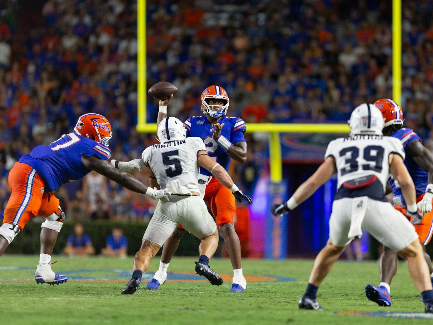 Freshman DJ Lagway prepares to throw the ball during the first half of Florida's game vs the Samford Bulldogs on Saturday, Sept. 7.
