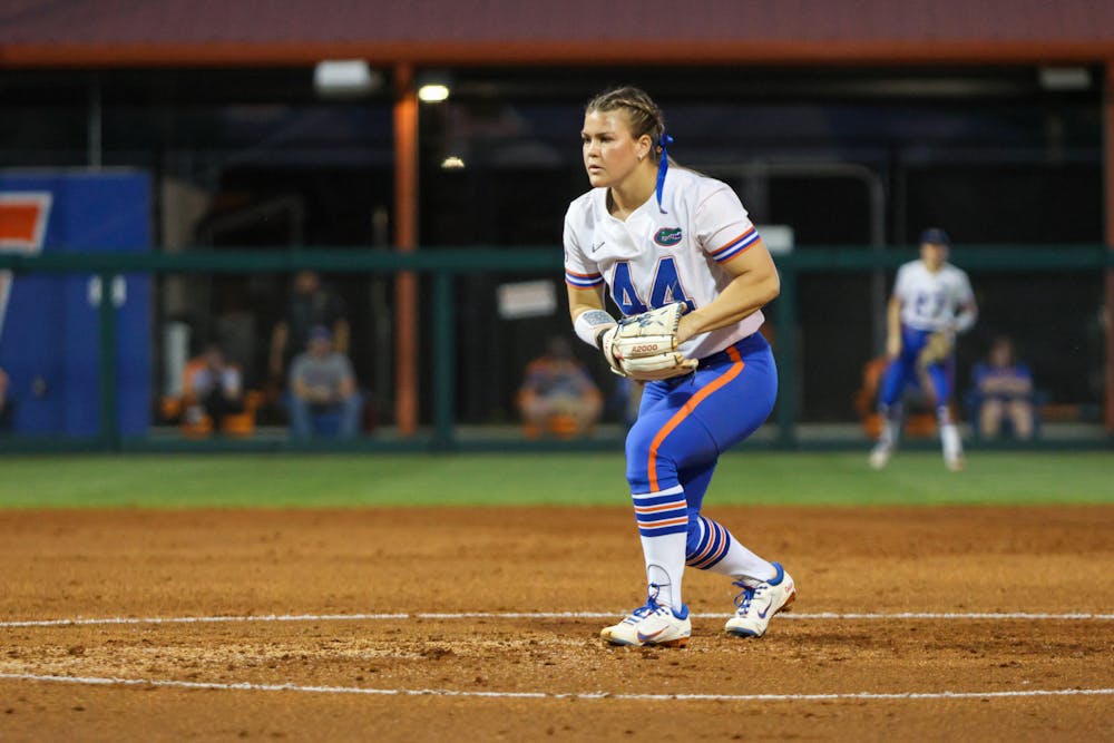 Florida pitcher Rylee Trlicek stands in the pitching circle in the Gators' 11-0 win against the Jacksonville Dolphins Wednesday, Feb. 15, 2023.