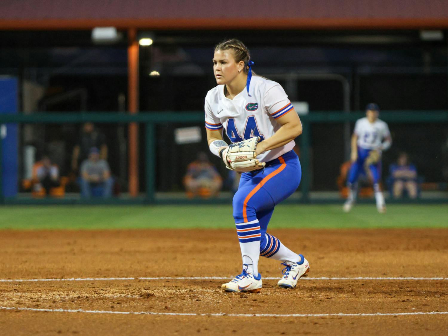 Florida pitcher Rylee Trlicek stands in the pitching circle in the Gators' 11-0 win against the Jacksonville Dolphins Wednesday, Feb. 15, 2023.