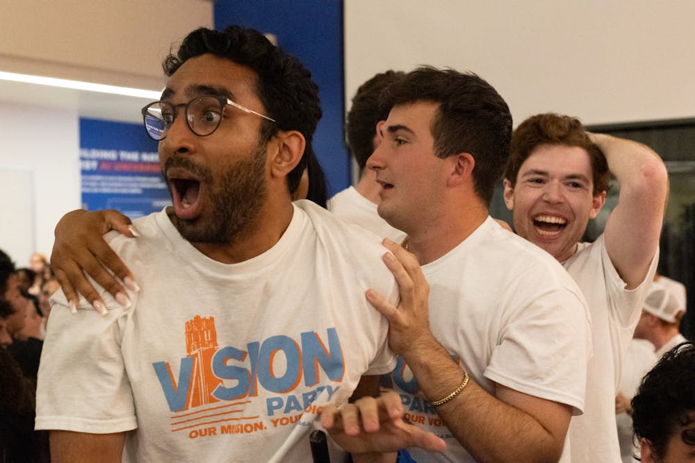 Student Body Treasurer-elect Saketh Damera reacts to a Vision Party victory in the Spring 2024 UF Student Government election at the Reitz Union on Wednesday, Feb. 28, 2024.